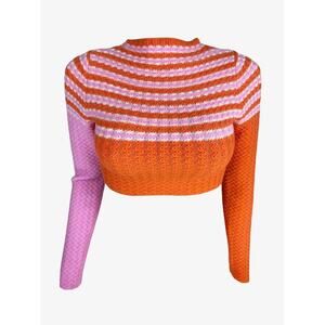 Nichole Lynel Cable Knit Pink Orange Cropped Striped Solid Sweater Sz Large NWT